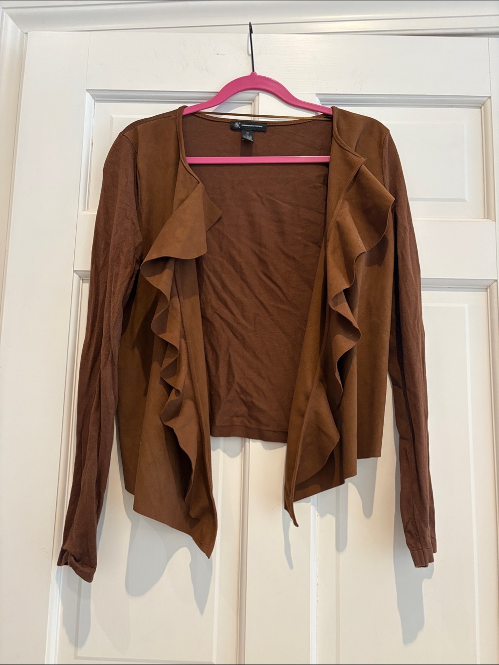 INC International Concepts Brown Ruffle Front Cardigan, Faux Suede, Mixed Media